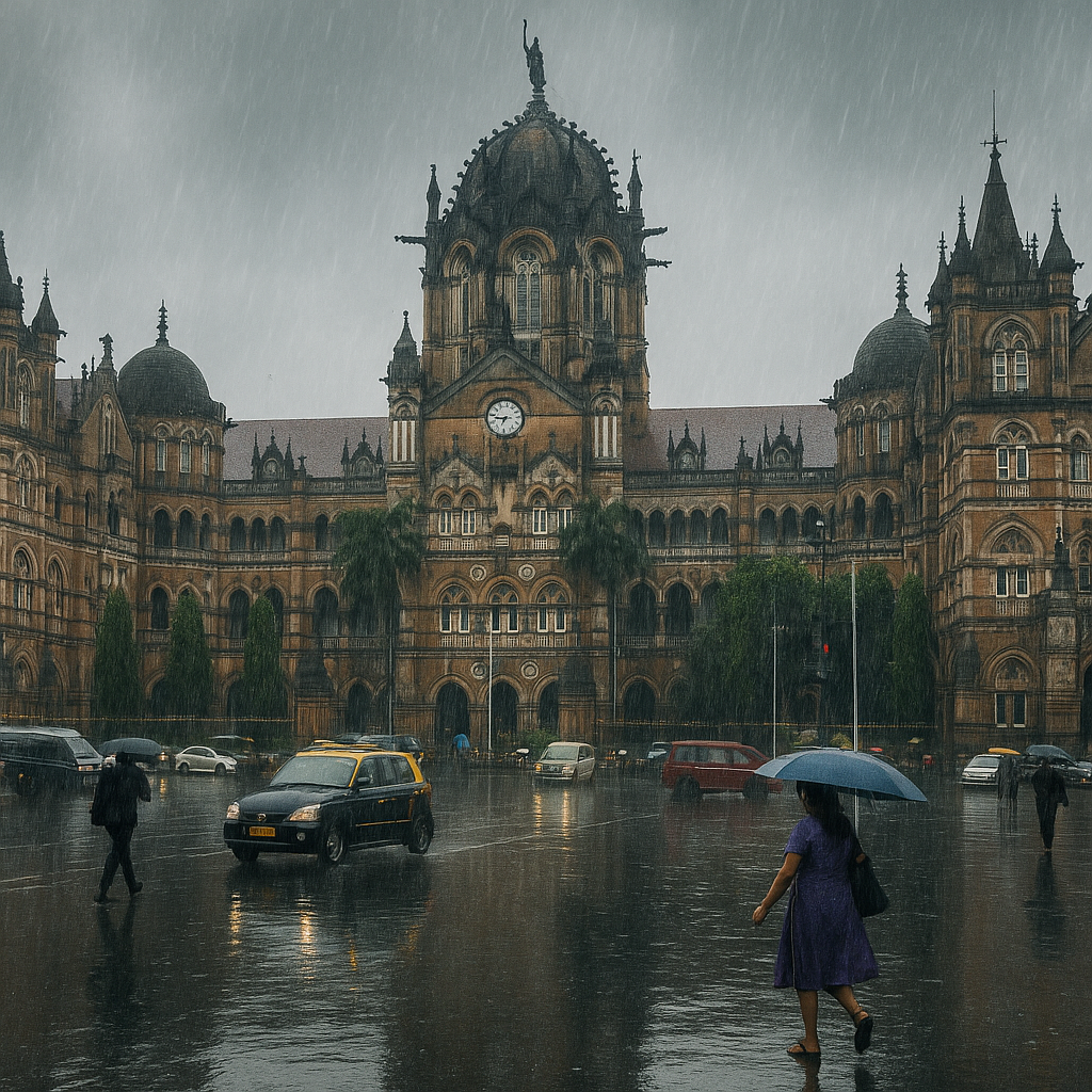 Chhatrapati Shivaji Maharaj Terminus (CSMT) in Mumbai during monsoon, with rain-soaked streets, reflections on wet pavement, and cloudy skies in the background.
