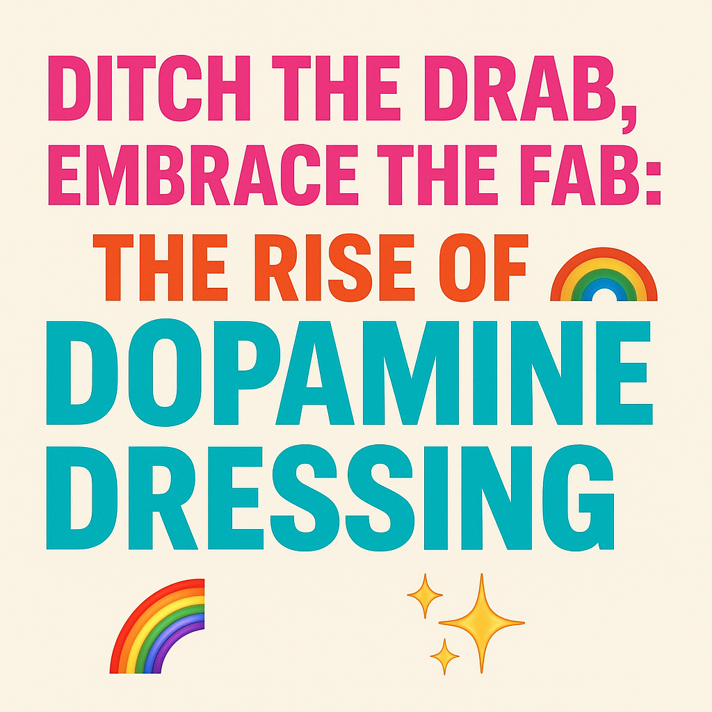 Colorful wardrobe flat lay with bold clothes, playful prints, and accessories representing the dopamine dressing trend for mood-boosting fashion.