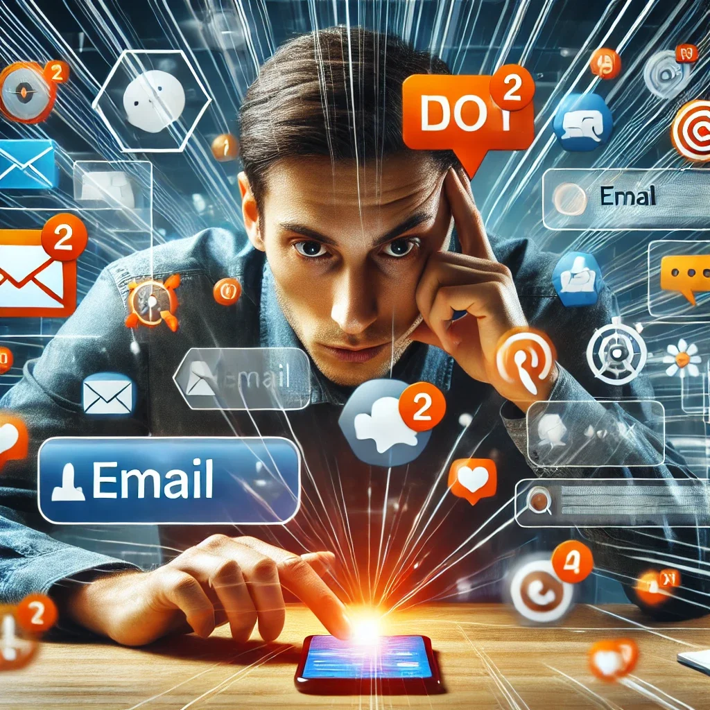 How Constant Notifications Affect Focus and Productivity "A person sitting at a desk looking distracted, surrounded by digital notification icons including email, chat bubbles, and orange alert badges on a smartphone and computer screen."