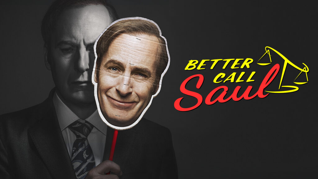 Better Call Saul – A Masterclass in Character and Consequence A split image of Jimmy McGill holding a smiling Saul Goodman mask, symbolizing his dual identity in Better Call Saul, with the show’s logo on the side.