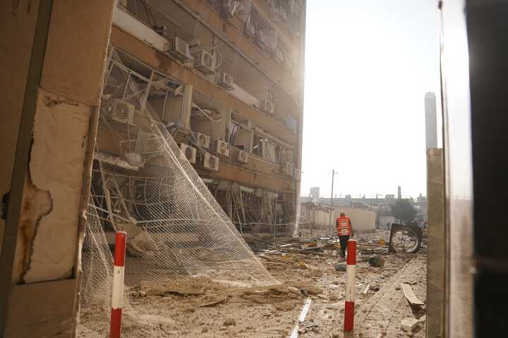 Debris, collapsed ceiling, and damaged interior of Soroka Hospital after missile strike on June 19, 2025.