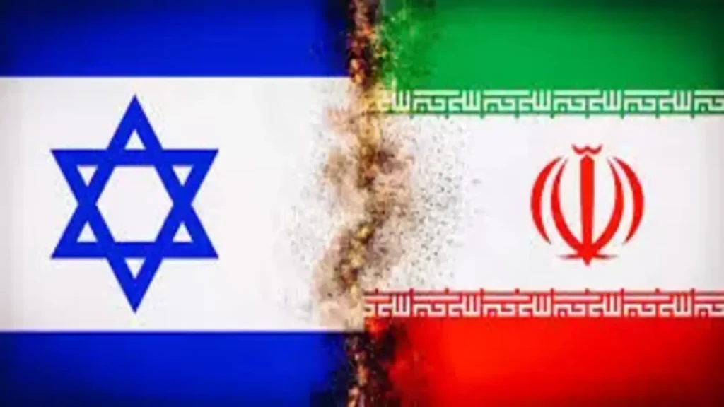Flags of Israel and Iran divided by fire, representing rising tensions in the 2025 war.