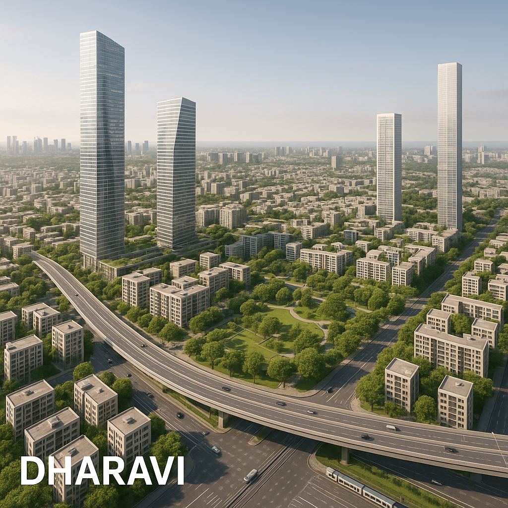 3D render of proposed Dharavi redevelopment showing modern high-rise buildings, green spaces, and urban planning layout