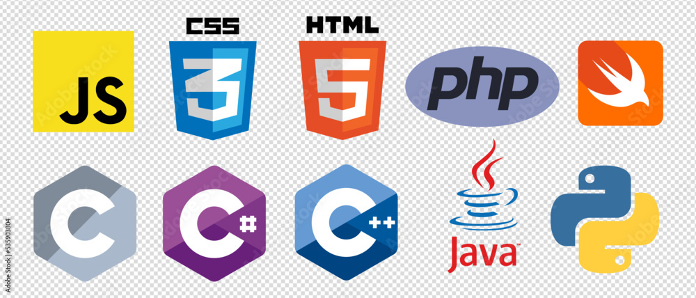 Best Programming Language to Learn in 2025 – A Beginner’s Roadmap Logos of popular programming languages including JavaScript, CSS3, HTML5, PHP, Swift, C, C#, C++, Java, and Python.