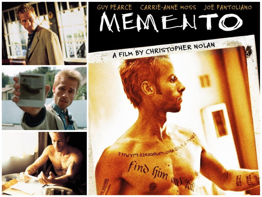 Collage of images from Memento showing Guy Pearce as Leonard Shelby, including the official movie poster and scenes where he examines photographs and tattoos on his body.