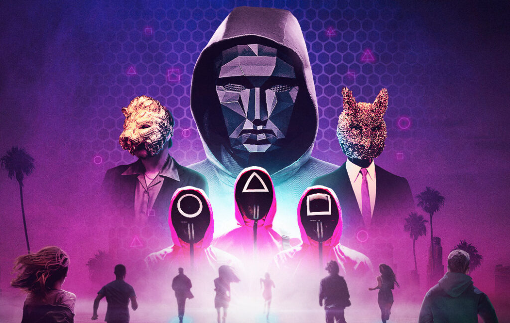Squid Game: Netflix’s Deadly Game Show That Shook the World Stylized Squid Game artwork featuring masked guards, VIPs in animal masks, and central hooded figure with geometric face.