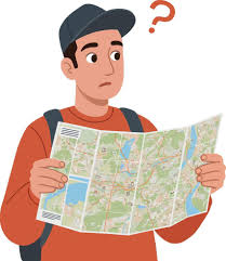 A stylized cartoon of a man with a backpack and a cap, looking at a large, unfolded map with a thoughtful expression.