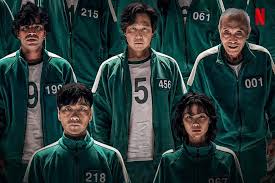 Main Squid Game contestants wearing green tracksuits with numbered tags