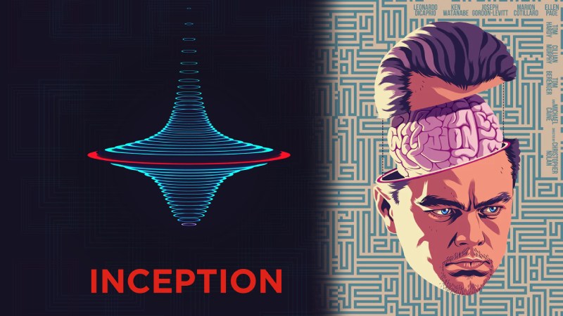 Digital artwork of a neon spinning top and an illustrated portrait of Leonardo DiCaprio with his brain exposed, inspired by Christopher Nolan’s Inception.
