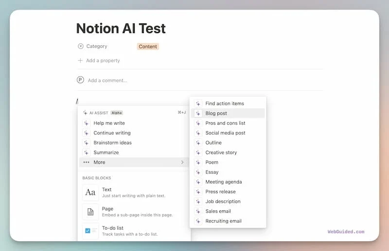 Screenshot of Notion AI features showing writing assistance options like blog post, outline, and summaries – AI tools for daily life