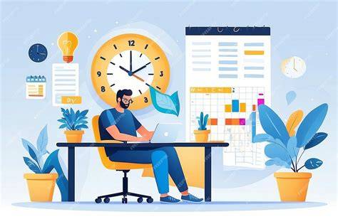 Man working on a laptop at a desk with a wall clock behind him, representing structured work hours and remote work routine.