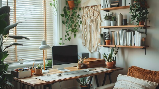 Cozy home office setup with a desk, laptop, indoor plants, and natural light from a nearby window.
