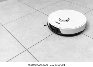Robot vacuum navigating a home floor plan with AI mapping.