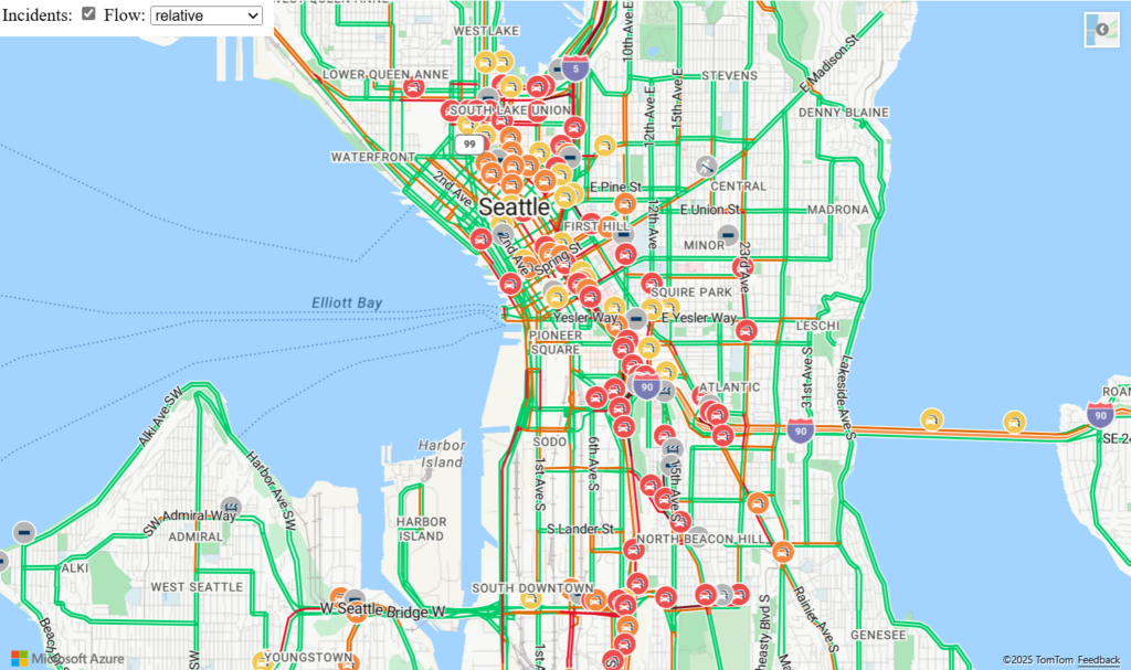 Map interface showing real-time traffic conditions with highlighted routes.