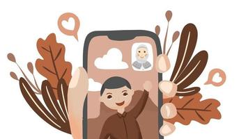 Two smiling people on a video call, representing virtual social interaction and staying connected while working from home.